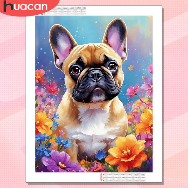 HUACAN Diamantmalerei Set mit Hunde-Tier-Motiv und Rosenblüten, 5D Diamant-Mosaik in Multicolour, Durchmesser: 30,0 cm - Bild 1