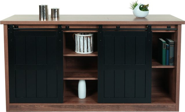 Sideboard MCW-K75 Highboard Regal mit Schiebetüren und 7 Fächern in Holz-Optik und Metall im Industrial Design, braun, B/H/T: 150 x 84 x 40 cm - Bild 1