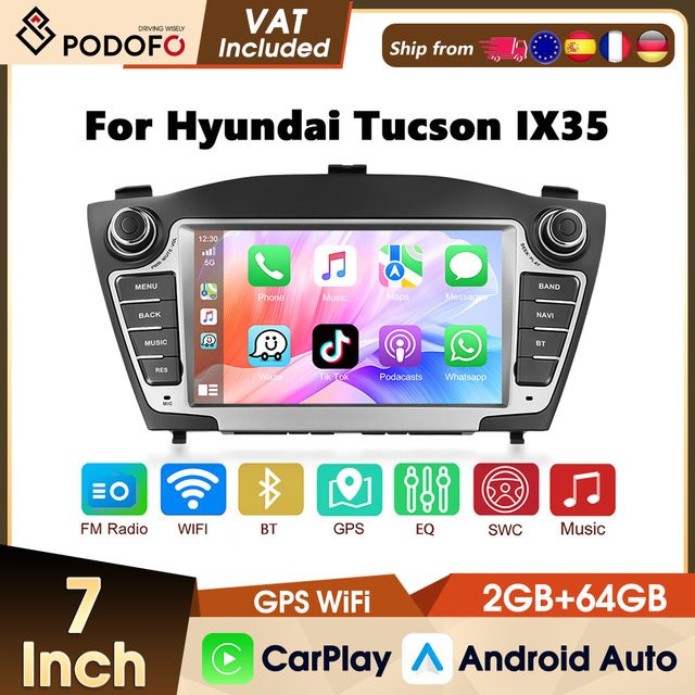 Podofo Android Auto-Multimedia-Player für Hyundai Tucson IX35 mit 2+64G Speicher, Carplay, Android Auto, WIFI, GPS, Bluetooth und USB in Schwarz - Bild 1
