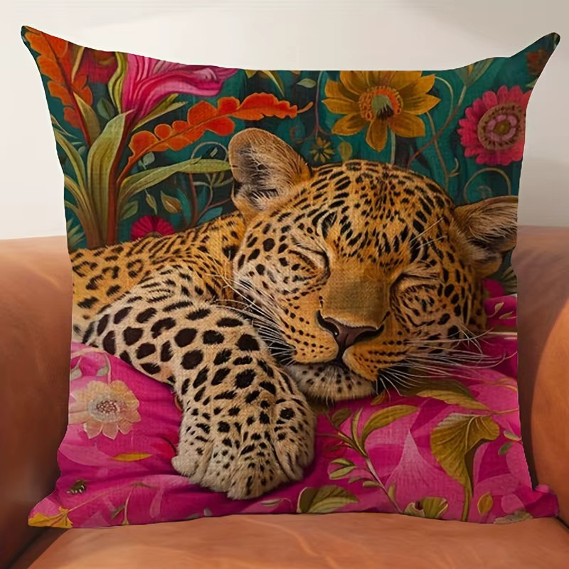 VIKAMA Kissenbezug aus Leinen mit floralem Leopardenmuster in Multicolour, quadratisch, Breite: 30 cm, Höhe: 30 cm - Bild 4