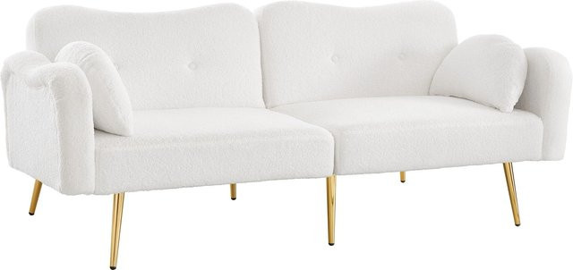 Merax Schlafsofa 2 Sitzer mit verstellbarer Kopfstütze und Scatterkissen in Weiß, modernes Design aus Bouclé-Stoff - Bild 1