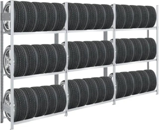 PROREGAL Tire Pro Reifenregal aus verzinktem Metall, 3 Ebenen, H x B x T: 200 x 300 x 43 cm, Silber - Bild 1