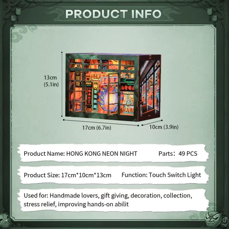 CUTEBEE DIY-Puppenhaus-Set Hong Kong Night als 3D-Buchstütze aus Holz mit LED-Licht, Multicolor - Bild 2