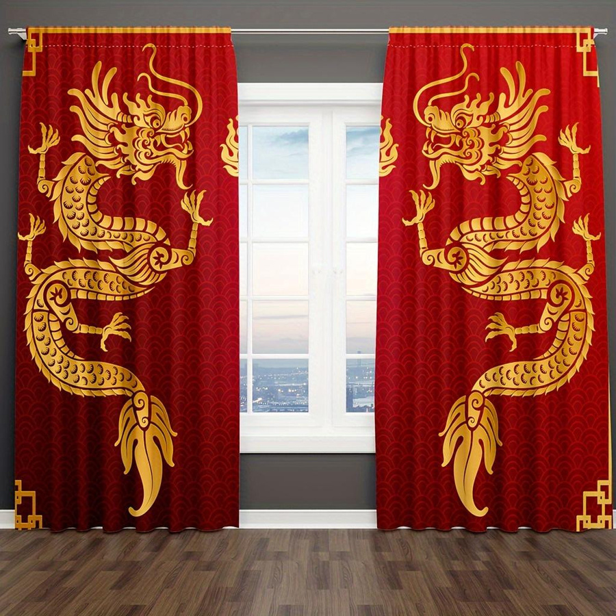 2er-Set Goldener Drache Vorhänge mit 3D-Kunstdruck in Rot und Gold, semi-transparent, Stangentasche, Breite: 150 cm, Höhe: 166 cm - Bild 3