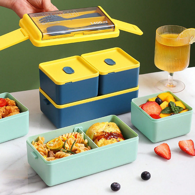 YOCITY Bento Box Doppel-schicht Lunch Box mit Besteck und Deckel, Grün, Kunststoff - Bild 1