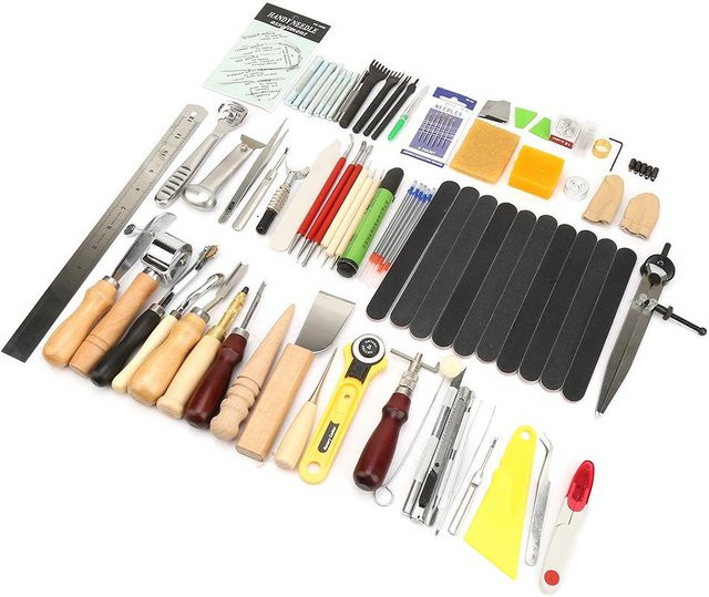 Aimo Lederhandwerk Werkzeug-Set aus Stahl, 60-teiliges Set zum Nähen, Stechen und Schnitzen in Multicolor - Bild 1