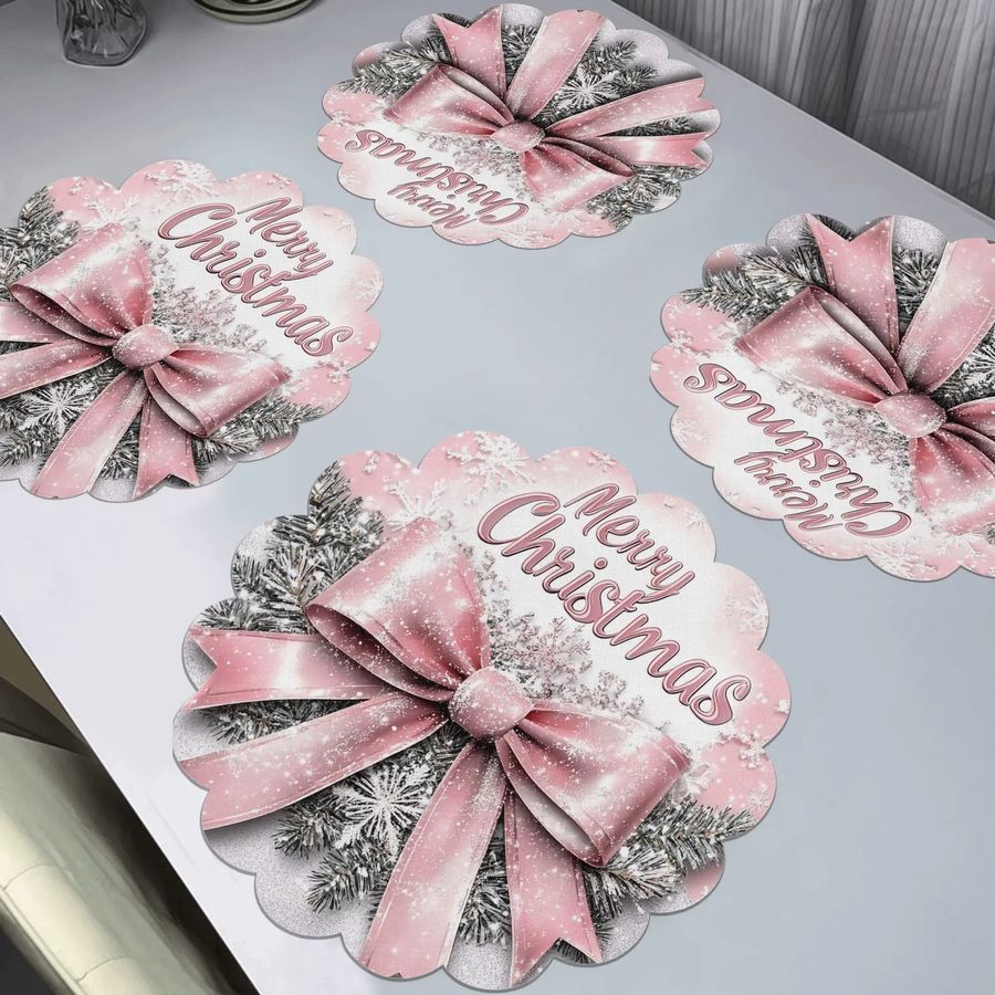 VIKAMA 4-teiliges Weihnachts-Tischset Set in Rosa mit Schleifen, Schneeflocken und Tannenzweigen zur Tischdekoration - Bild 2