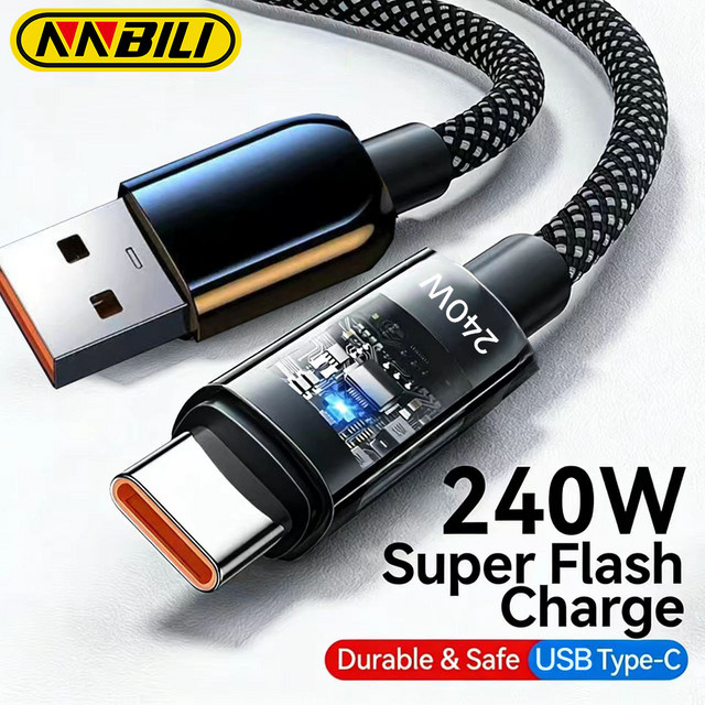 NNBILI USB-A auf USB-C Schnellladekabel 240W, transparentes geflochtenes Datenkabel in Schwarz - Bild 1