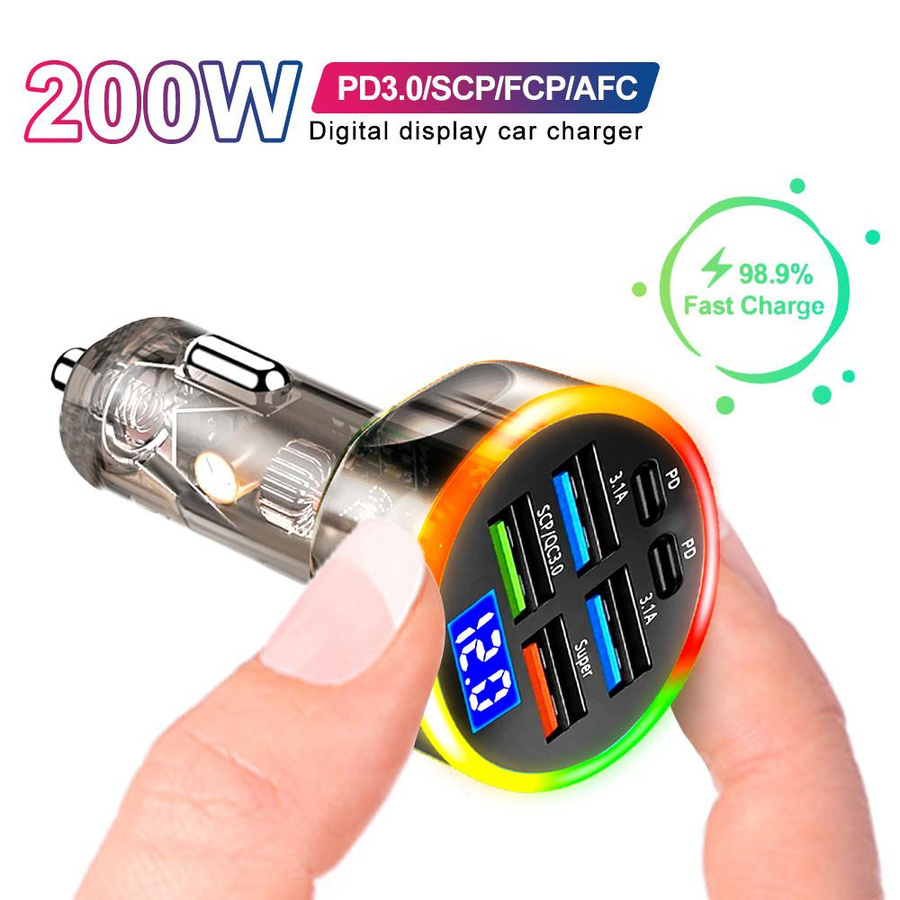 YJMP Auto Parts 200W Autoladegerät mit 6 Ports, PD QC3.0 Schnellladegerät für USB-C, Schwarz - Bild 9