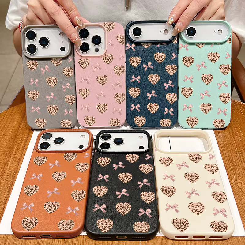 MOESOE Handyhülle mit Love Hearts Bogenmuster für iPhone 17 16 15 14 13 12 Pro Max Air in Pink, stoßfeste TPU Softcover mit Lederstruktur - Bild 4