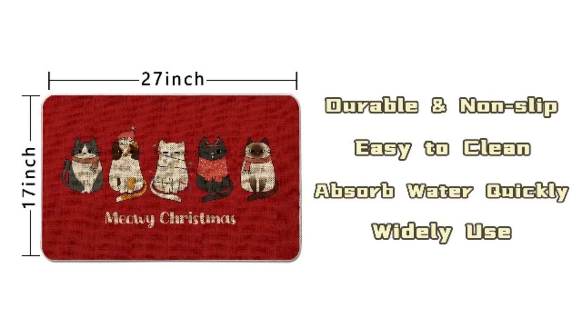 VIKAMA Rutschfeste Fußmatte mit Weihnachts-Cartoon-Katzen-Design in Rot für Eingangsbereich und Badezimmer - Bild 5