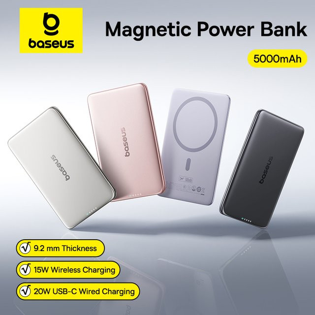 Baseus Magnetische Powerbank 5000 mAh in Grau, kabelloses 15 W Laden und kabelgebundenes 20 W Laden, schlankes Design in Kartengröße für iPhone und Samsung - Bild 1