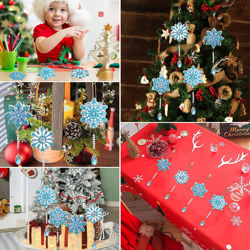 4er-Set Weihnachts-Schneeflocken DIY Diamant-Malerei Sonnenfänger mit Kristallen als dekorative Schlüsselanhänger in Weiß und Mehrfarbig - Bild 3