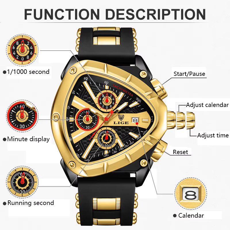 Lige Armbanduhr Chronograph, Quarz, Silikon, Schwarz, Herren - Bild 3