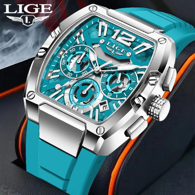 LIGE Chronograph Armbanduhr, Tonneau, Quarz, Silikon, Schwarz, Herren - Bild 1