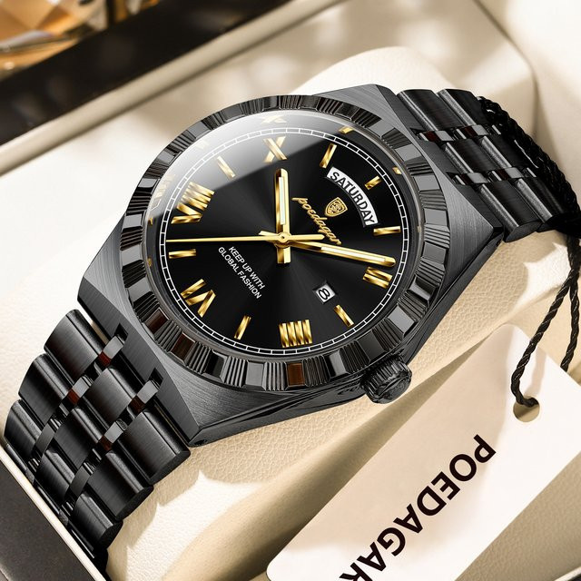 POEDAGAR Armbanduhr Quarz, Edelstahl, Schwarz, Silber, Herren - Bild 1
