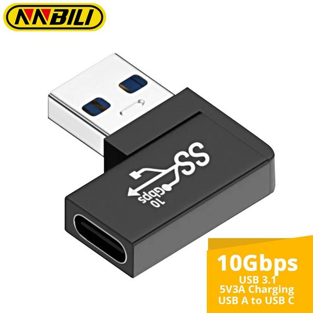 NNBILI USB-A auf USB-C Adapter 90 Grad rechtwinklig, USB 3.0 3.1 mit 10 Gbit/s Datenübertragung, Schwarz - Bild 1