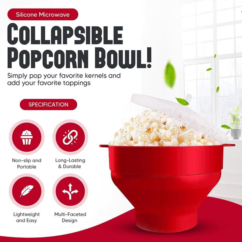 PGY Silikon Mikrowellen Popcorn Maker mit Deckel, zusammenklappbare Popcorn Schüssel, BPA-frei, rund, grün und rot - Bild 4