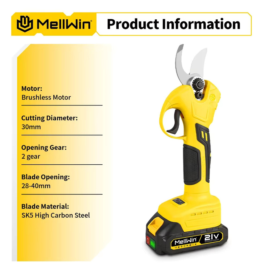 MELLWIN Bürstenlose elektrische Gartenschere mit 2-Gang-Funktion in Gelb, kompatibel mit Makita 18V Akku, 30mm Schnittkapazität - Bild 4