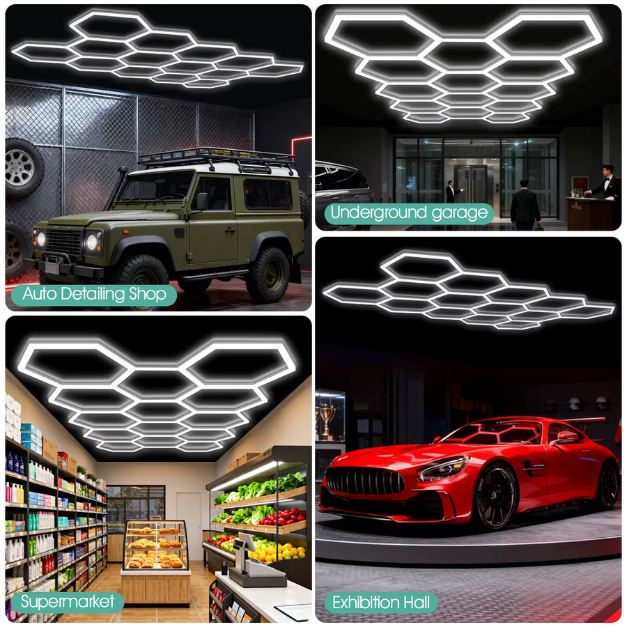 Mexllex Sechseckige LED-Garagenleuchte in Weiß, superhelle Plug-in-Deckenleuchte für Werkstatt, Fitnessstudio und Autopflege, DIY-verknüpfbar und modern - Bild 6