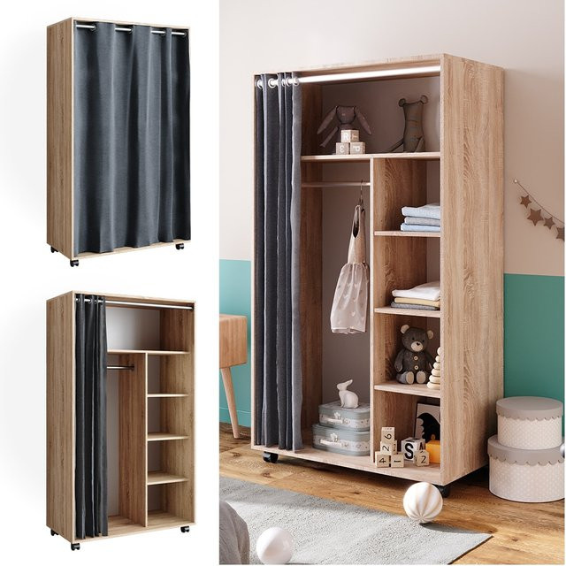 Vicco Kinderkleiderschrank Doros Garderobe Sonoma Braun, modern und rollbar, B: 100 cm, H: 168 cm - Bild 1