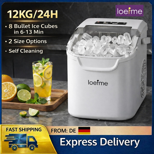 Loefme Tragbare Eiswürfelmaschine in Weiß mit LED-Display, 12kg/24h Kapazität, 0,8l Wasserreservoir und Selbstreinigungsfunktion - Bild 1