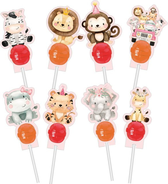 16er Set Wildtier Lutscher Kartenhalter aus Karton in Multicolour für Safari und Dschungel Themen bei Baby Showers oder Geburtstagen - Bild 1