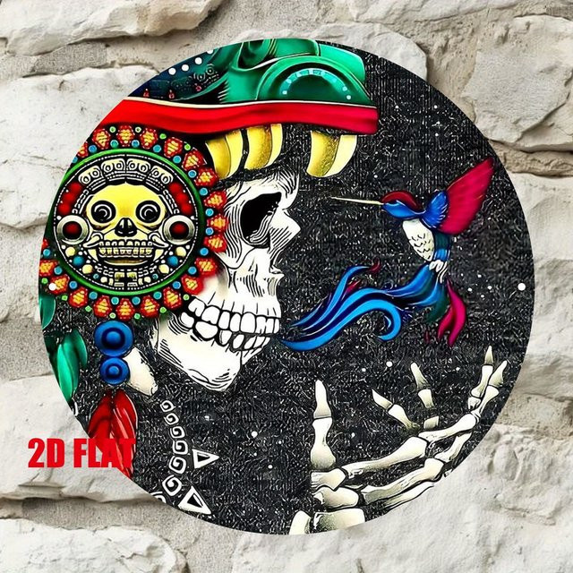 Potdemiel Rundes Metallschild Tag der Toten mit buntem Totenkopf und Federmosaik, Durchmesser: 20 cm, Mehrfarbig - Bild 1