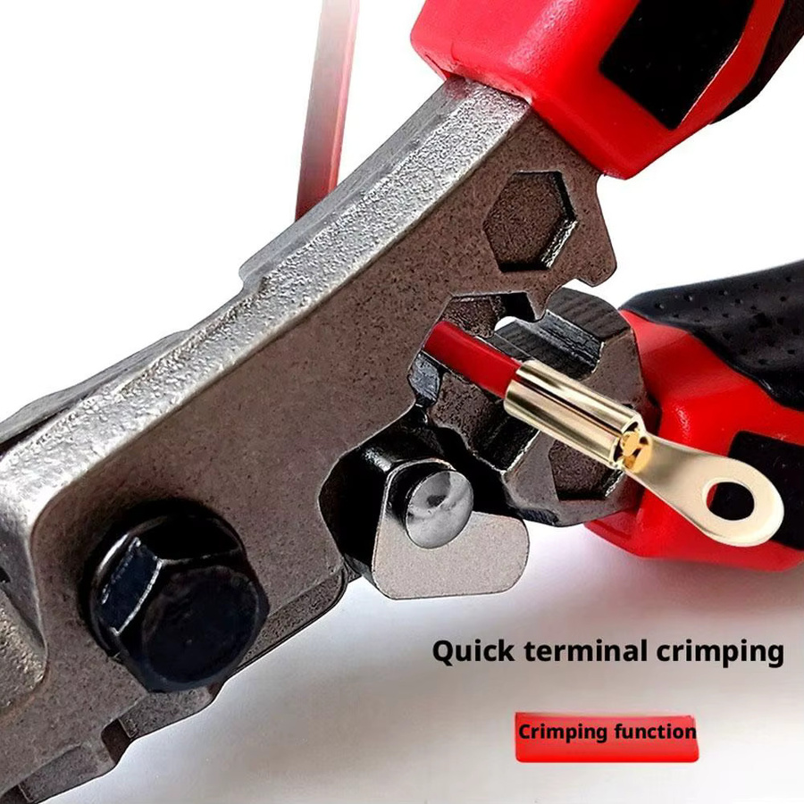 Multifunktionale Elektrikerschere in Rot als Crimp-Drahtschneidewerkzeug mit Schraubenschlüsselfunktion zum Schneiden von Blechen und Kabeln - Bild 5