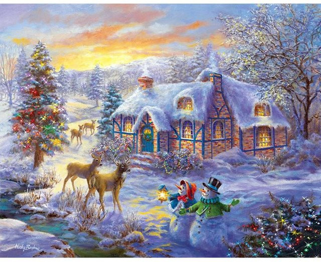 FIYO Diamant-Stickerei Schneehirsch Weihnachtslandschaft mit vollen runden Steinen, B/H: 30 x 20 cm, Mehrfarbig - Bild 1