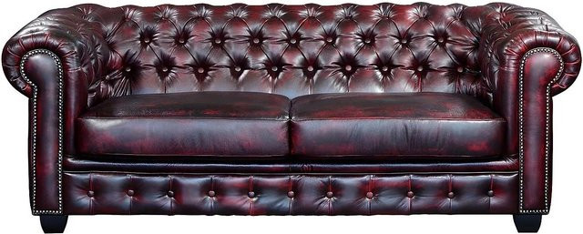 Vente-unique Chesterfield Sofa Brenton in Bordeaux mit Lederbezug und Punksteppung, Breite: 201 cm - Bild 1