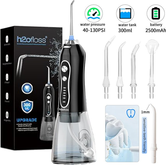 H2ofloss Kabelloser Munddusche Wasserflosser in Schwarz mit 5 Einstellungen, 300 ml Volumen und USB-Aufladung für die Zahnreinigung - Bild 1