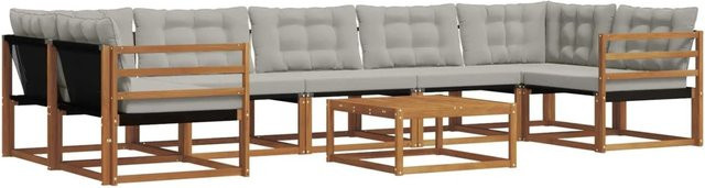 vidaXL Outdoor-Sofagarnitur 8-teilig in U-Form aus Akazienholz und Textilene mit Kissen in Natur und Hellgrau - Bild 1