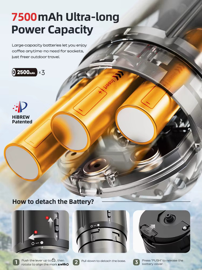 HiBREW H4C Tragbare Espressomaschine in Schwarz mit kabelloser Heizung, abnehmbarer Batterie und bodenloser Extraktion für gemahlenen Kaffee - Bild 2