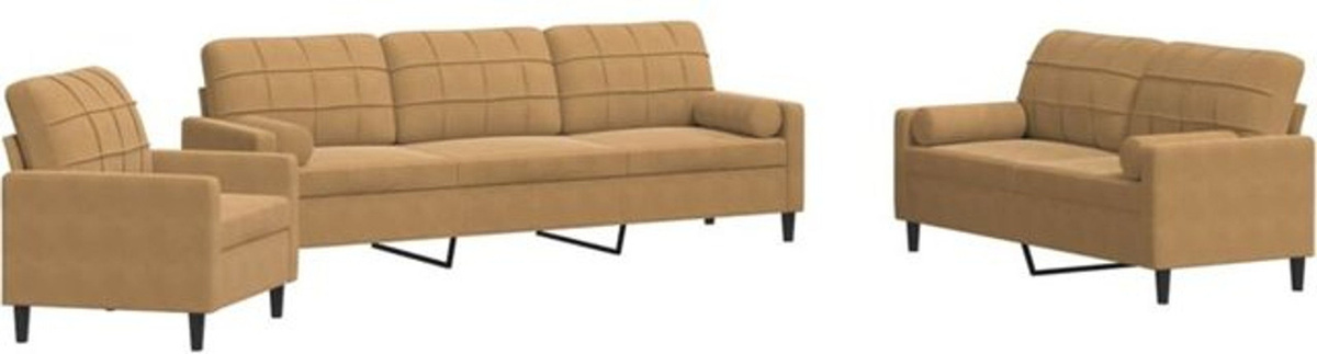 3-tlg. Sofagarnitur Vidaxl in Braun aus Samt mit Kissen und Nackenrollen im modernen Design - Bild 1