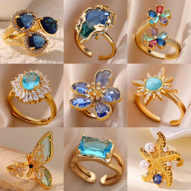 HPTOTMG Ring, Edelstahl vergoldet, Zirkonia, Damen, Blume Schmetterling - Bild 1
