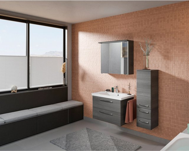 Pelipal Badmöbel-Set Trentino in Graphit mit Waschtisch, Waschtischunterschrank, Spiegelschrank und Midischrank aus Mineralmarmor und Glas - Bild 1