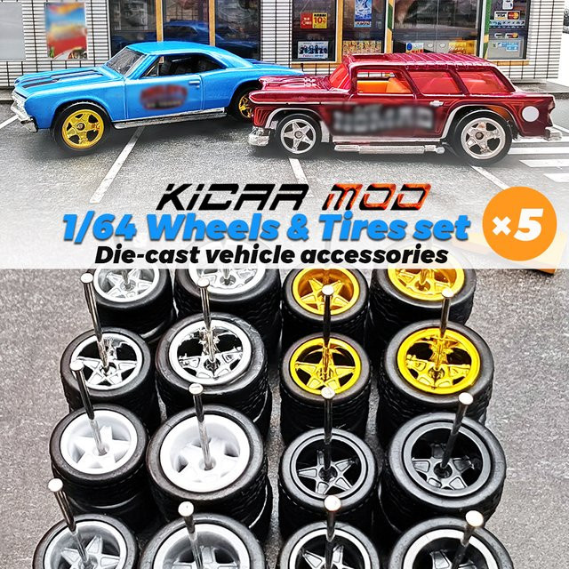 KICARMOD Modellauto-Umbauteile, 5 Sets, Vorderräder klein, Hinterräder groß mit abnehmbaren Gummireifen, Pentagramm-Speichen - Bild 1