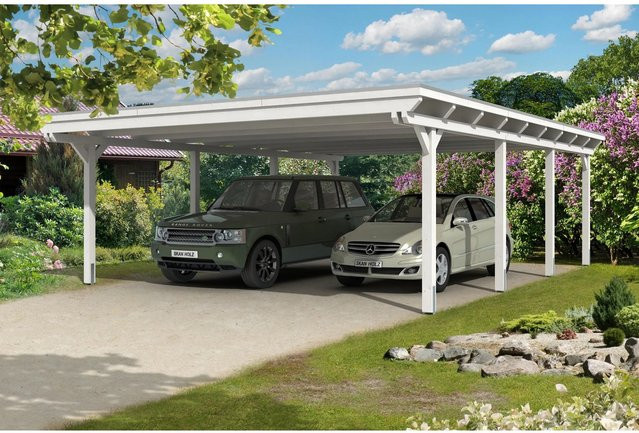 Skan Holz Carport Emsland aus Fichten-Leimholz in Weiß mit flacher Dachform und Aluminium-Dachplatten, B: 613 cm, T: 846 cm, H: 248 cm - Bild 1