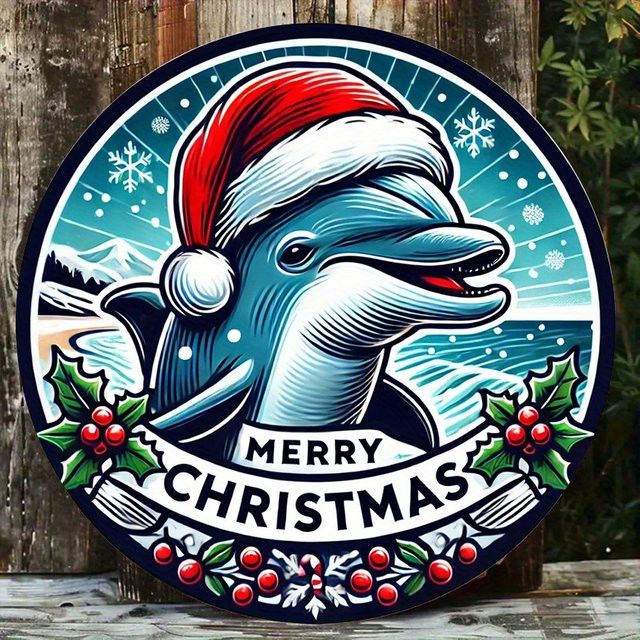 Potdemiel Rundes Aluminiumschild Merry Christmas mit Delphin Design Vintage Wanddekoration Durchmesser: 20,32 cm - Bild 1