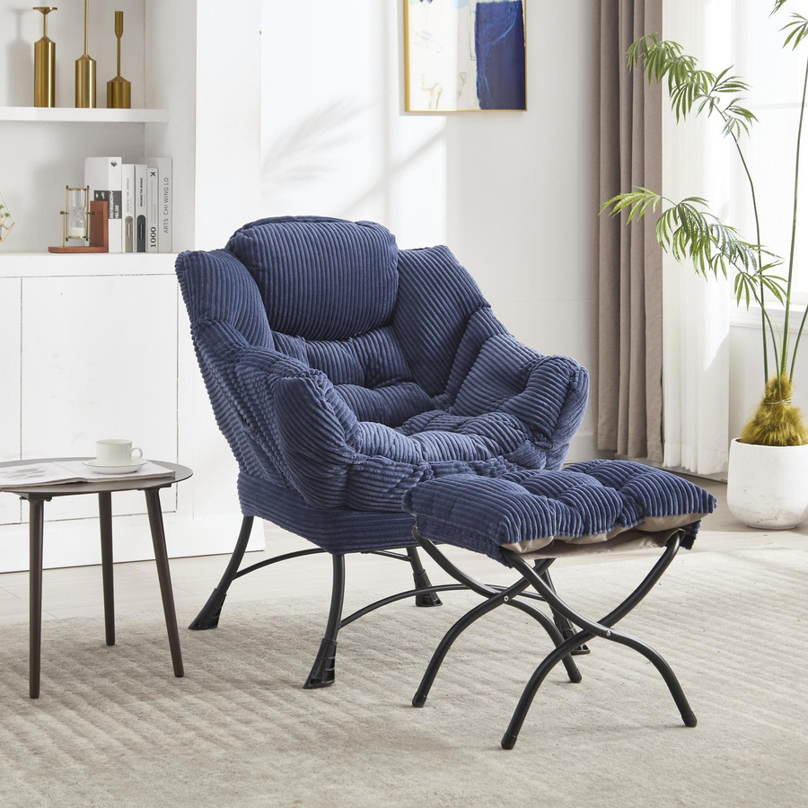 Lounge-Sessel mit Hocker und Seitentasche in Marineblau, moderner Sessel mit Armlehnen und Flanellbezug, B/T/H: 69,9 x 64,0 x 95,0 cm - Bild 2