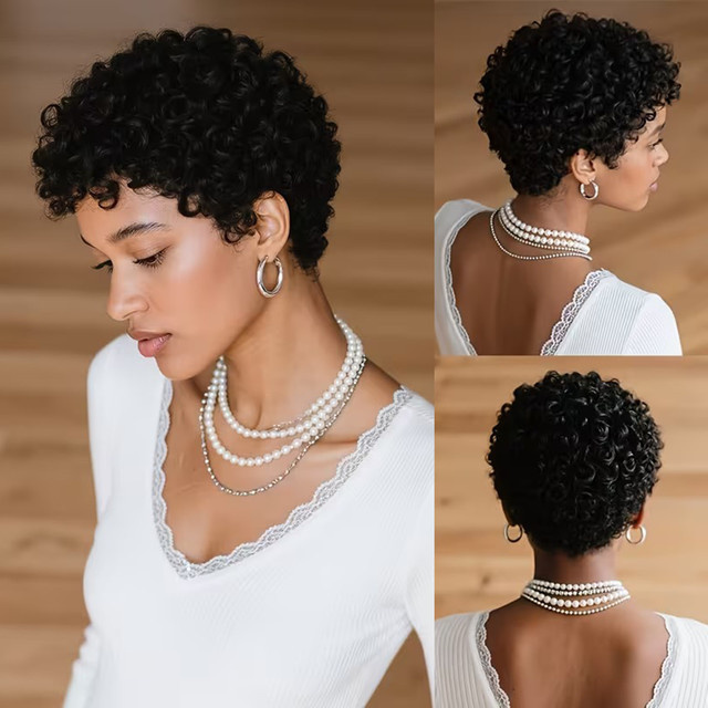 OYM HAIR Pixie-Perücke, 100 % Echthaar, kurz, lockig, Damen - Bild 1