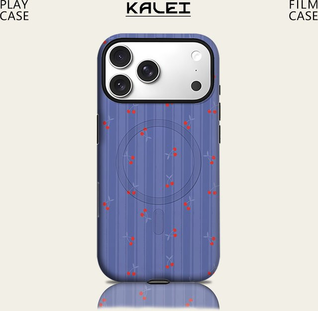 Potdemiel Handyhülle mit Kirschstreifen für iPhone 17 16 15 14 13 Pro Max Plus, Blau/Rot, robuste doppelschichtige Hülle mit Magnetfunktion - Bild 1