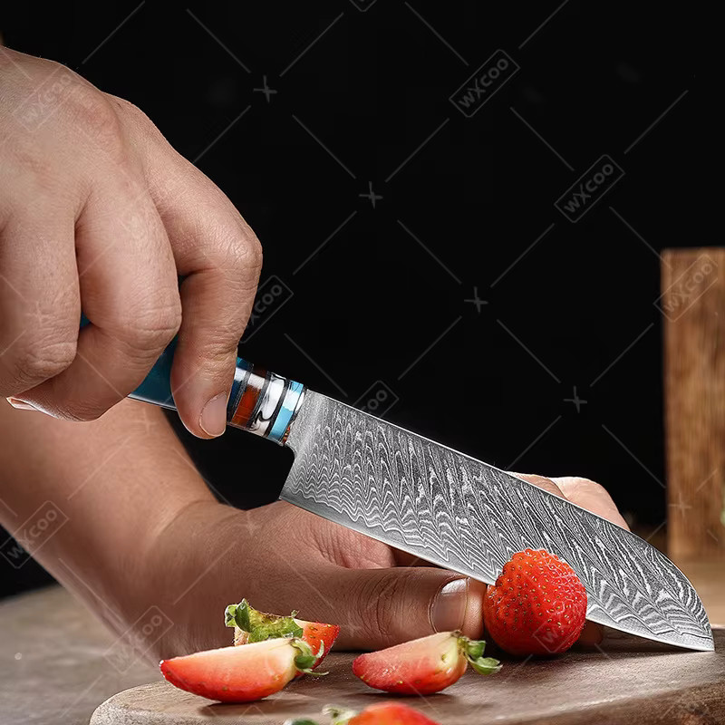 WXCOO Küchenmesser-Set aus VG10 Damaststahl mit blauem Harzgriff, bestehend aus Kochmesser, Obstschäler, Fleischbeil und Ausbeinmesser - Bild 3