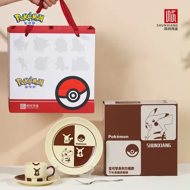 SHUNXIANG Pokemon Keramik Kaffeetassen und Untertassen Set mit Pikachu Cartoon Design inklusive Dessertteller - Bild 1