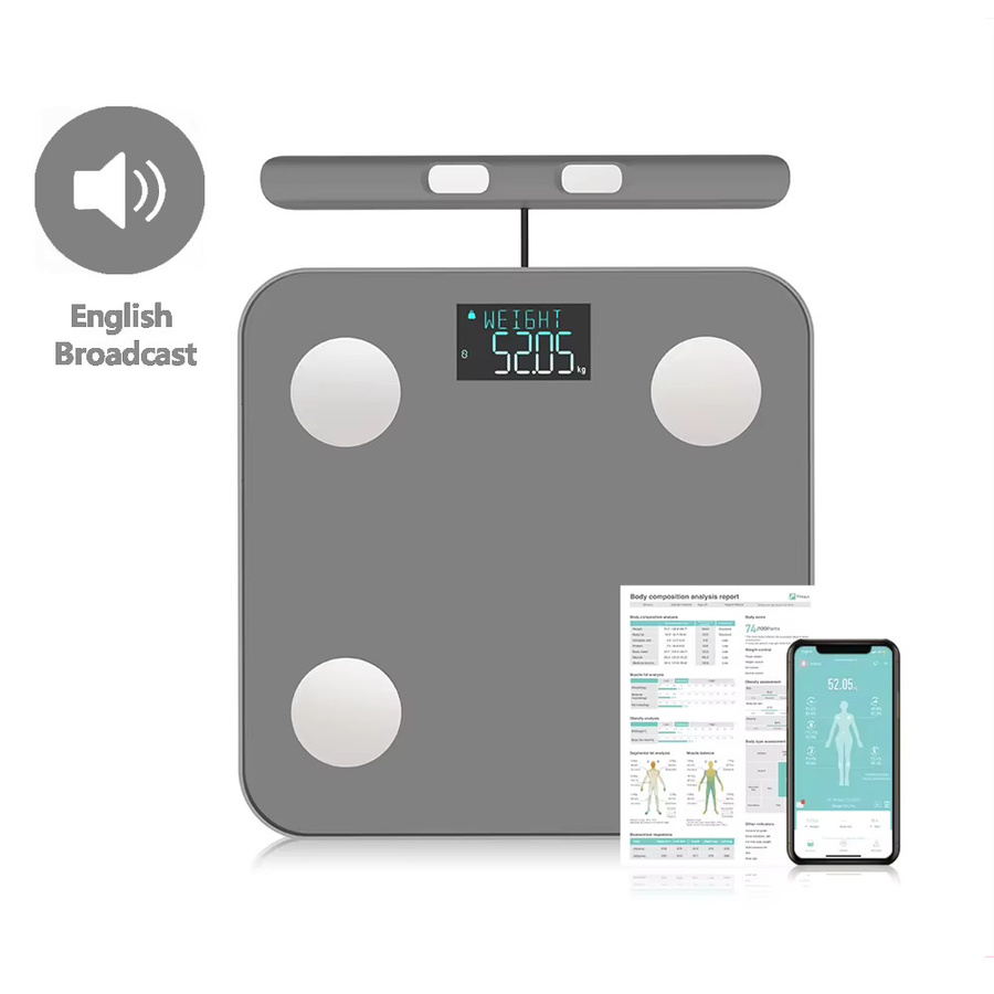 Gym Smart Körperfettwaage von icomon, professionelle Bioimpedanzwaage mit 8 Elektroden in Grau aus Glas mit Sprachübertragung und druckbarem Bericht - Bild 4