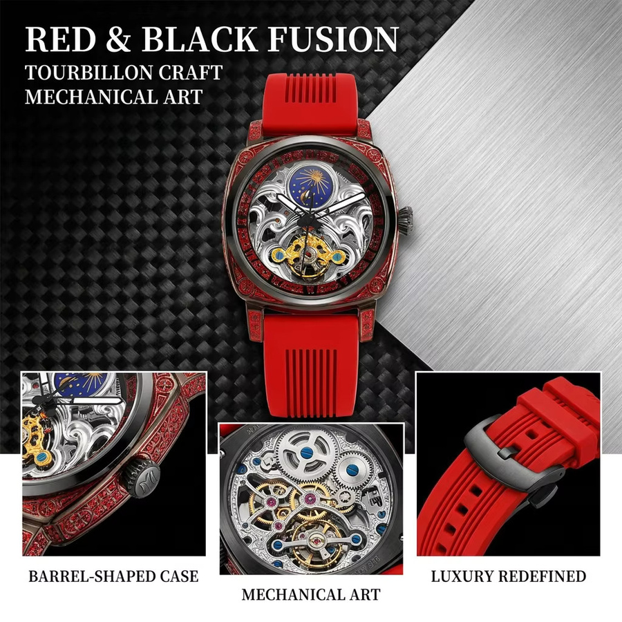 CAROTIF Herrenuhr, Analoguhr, rotes Zifferblatt, Legierung, Vintage - Bild 5