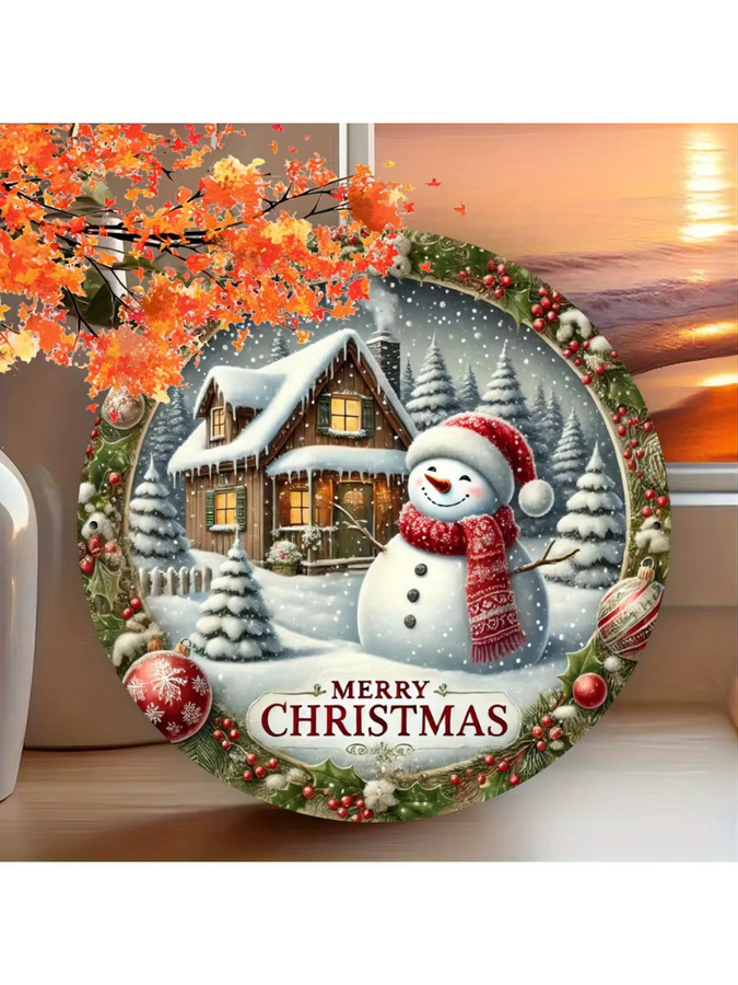 Potdemiel Weihnachtsschneehaus und Schneemann Runde Metallwandkunst Vintage Eisenschild, Durchmesser: 20,32 cm, Mehrfarbig - Bild 5