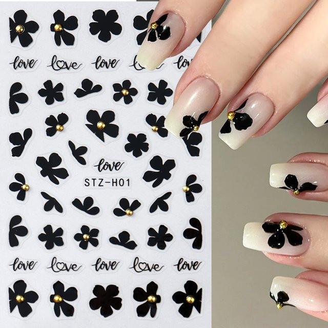 Full Beauty Nagelaufkleber, 3D Blumen, Schwarz, Gold, Perle, Glänzend - Bild 1