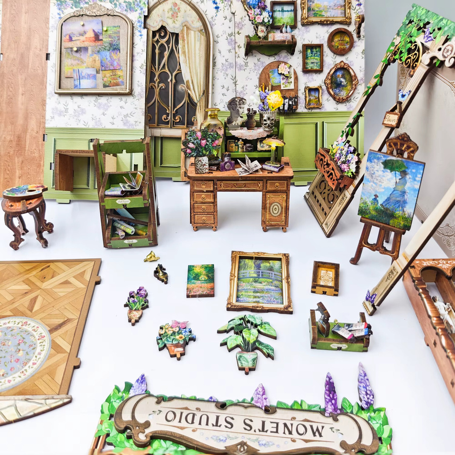 ELEVEN-CUTE Monet's Studio Buch Nook Regal Einsatz Kit, Miniatur Modell Kit, mit Licht, Holz - Bild 3